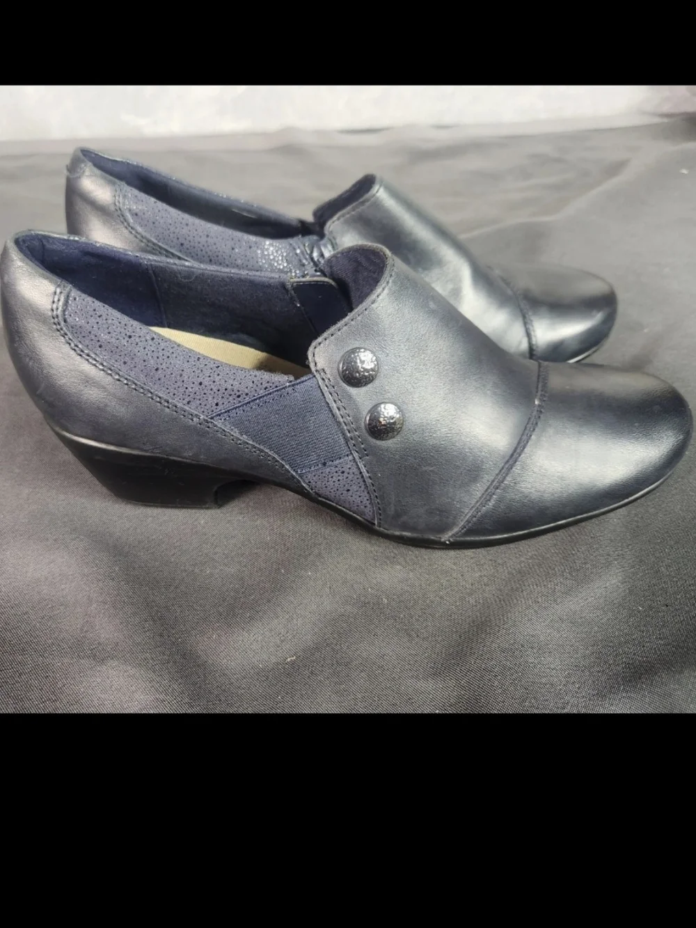 Clarks Navy Leather Low Heel Slip-On Booties